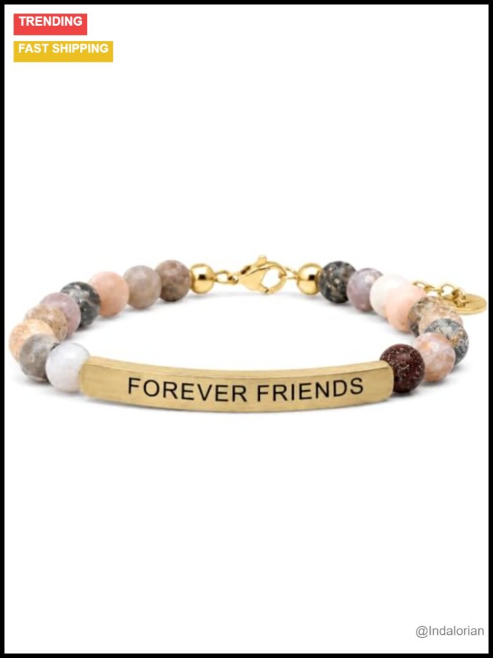 Forever Friends Natural Bamboo Agate Stretch Bracelet Stainless Steel Bar